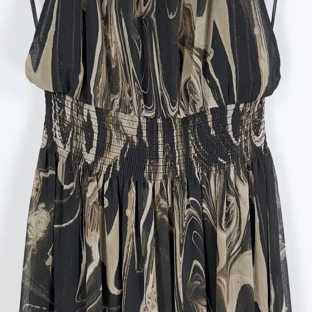 Banana Republic Marbled Halter Smocked Waist Maxi Dress Women's Small Black Tan